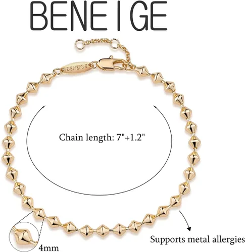 Vista 5 de BENEIGE Pulsera para mujer chapada en oro de 14 quilates, clip de papel satélite, bola ovalada, caja de cable, cadena de eslabones en capas