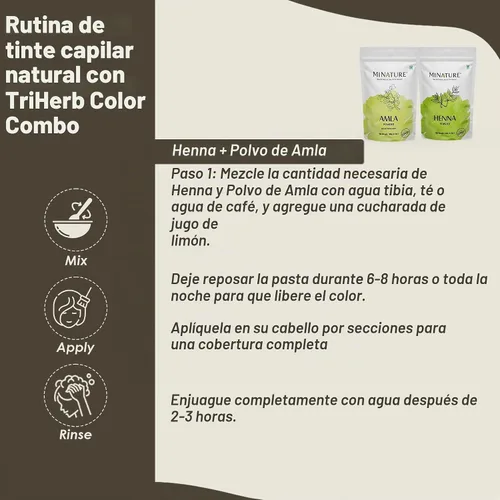 Vista 4 de Mi Nature TriHerb Color Combo 10.58 oz (3.53 oz x 3) Kit de cuidado natural con polvo de henna, índigo y amla Color con cuidado