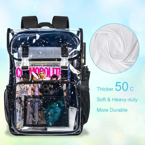 Vista 3 de Mochila transparente, aprobada por el estadio, para niñas y niños, mochila transparente de PVC resistente para mujeres y hombres