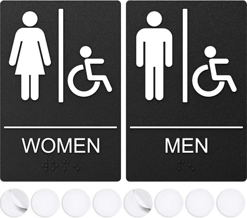 Vista 18 de Letreros de baño, letrero de baño para negocios, para hombres y mujeres, 9 x 6 pulgadas, cumple con la ADA con Braille, adhesivos fuertes de doble