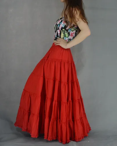 Vista 3 de Falda de mujer de algodón con 5 niveles, falda plisada de línea A larga bohemia, falda de baile gitana