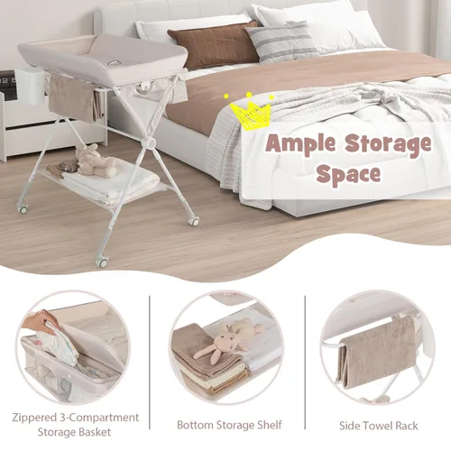 Vista 3 de BABY JOY Cambiador portátil para bebé, estación de cambio de pañales plegable con ruedas, altura ajustable, estante de almacenamiento grande