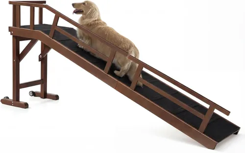 Vista 10 de Rampa para perros para cama o sofá, rampa de madera para mascotas con pendiente suave de 20°, rieles laterales extraíbles, superficie
