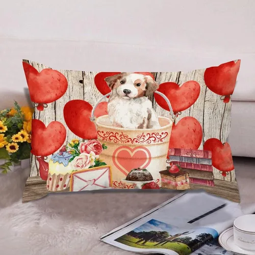 Vista 3 de Fundas de almohada lumbar con textura de madera rústica para perro en cubo, diseño de corazón rojo para el día de San Valentín, fundas de almohada