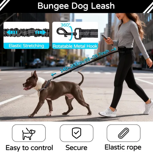 Vista 2 de Skmeditec Hands Free Dog Leash with Waist Bag for Large Dog Walking, Shock Absorbing Bungee Leash with Zipper Pouch for Running, Dual Padded Handles