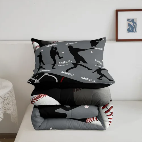 Vista 6 de Erosebridal Juego de edredón de béisbol para adolescentes y jóvenes, juegos de ropa de cama geométricos negros y grises para regalo para niños