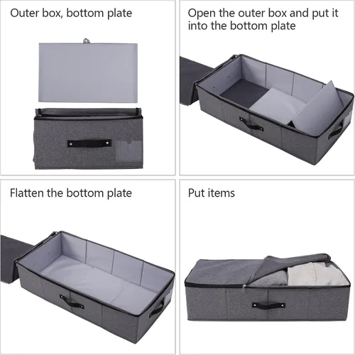 Vista 9 de 2 cajas de almacenamiento plegables debajo de la cama con forro de soporte de plástico, asas, tapa con cremallera, mantas, ropa y edredones