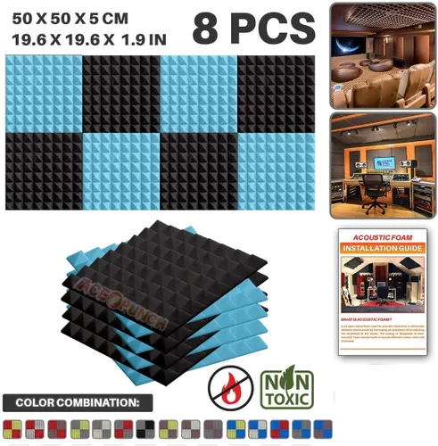 Vista 18 de Paquete de 8 – 4 piezas negras y 4 piezas de paneles de espuma acústica pirámide azul bebé, diseño de bricolaje, aislamiento acústico, aislamiento
