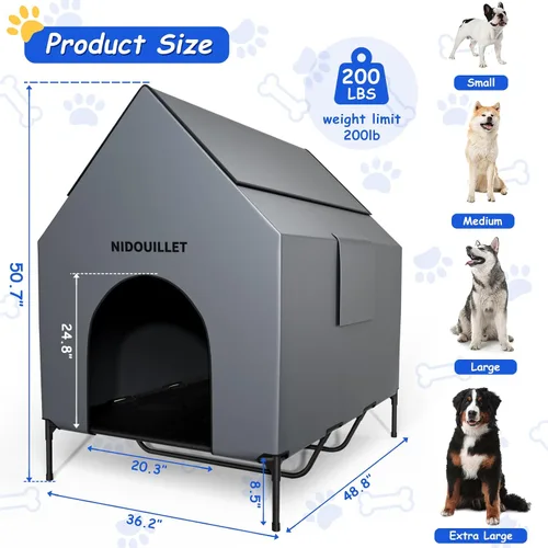 Vista 2 de Casa para perros de 48" para exterior e interior, casas para perros extra grandes resistentes a la intemperie 600D PVC con cama elevada para perros