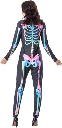 Vista 7 de Seasons Disfraz de esqueleto de Halloween para mujer, patrón colorido de doble cara, luz negra reactiva