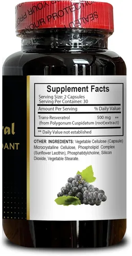 Vista 4 de Trans Resveratrol 500mg - Polifenol a base de plantas, procedente de Knotweed de semilla de uva, sin rellenos ni aditivos artificiales, complejo