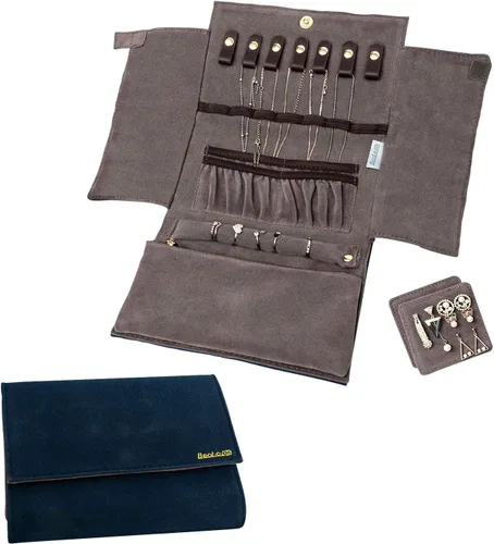 Vista 5 de Becko - Organizador de joyas para múltiples collares anillos pulseras de piel flexible y gamuza gran capacidad sin arrugas ligero portátil