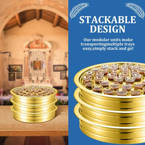 Vista 6 de Jingmore Communion Ware - 3 bandejas para servir vino santo con 1 cubierta, suministros de comunión de acero inoxidable, bandejas plateadas