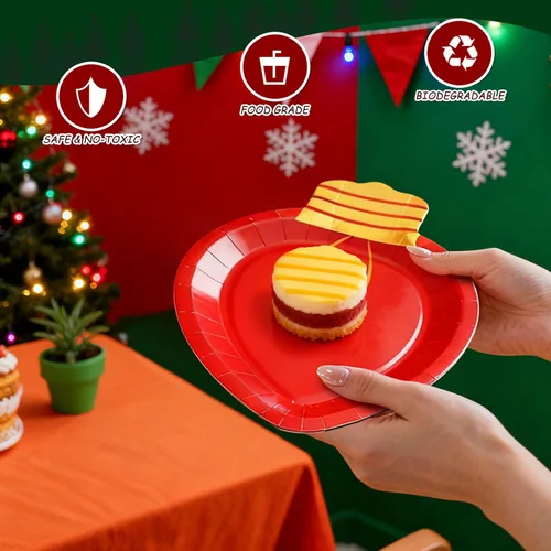 Vista 3 de Whaline 30 platos de papel de Navidad con forma de luces desechables para cena y fiesta, vajilla de vacaciones para postres ensaladas, aperitivos