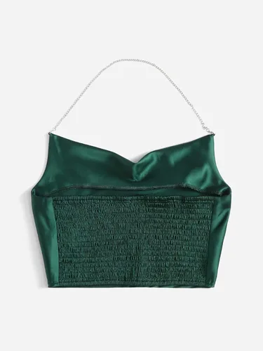 Vista 2 de SheIn Camiseta corta de satén con cuello halter y espalda fruncida para mujer