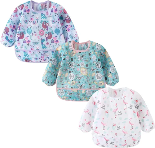 Vista 8 de Paquete de 3 baberos de manga larga, bata de bebé para comer de 6 a 30 meses, baberos reutilizables para bebés y niños pequeños