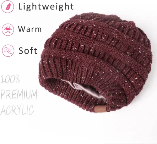 Vista 2 de Gorro de punto de invierno con forro de satén para mujer, gorro de cable, sedoso, suave, lavado, cálido