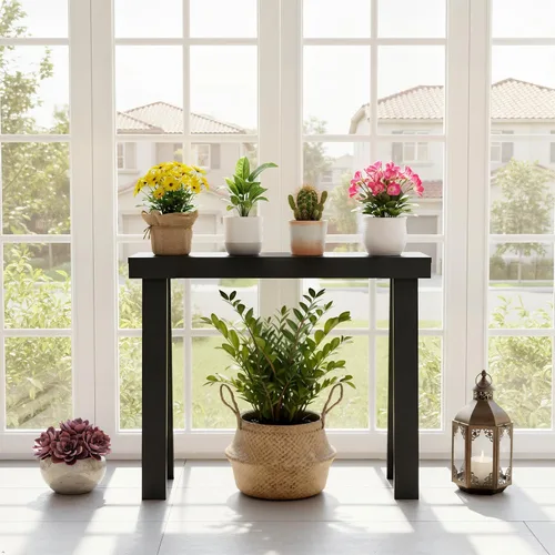 Vista 5 de Plank+Beam Mesa consola de madera maciza, 36 pulgadas, mesa de sofá, mesa de entrada estrecha para pasillo, detrás del sofá, sala de estar, Negro
