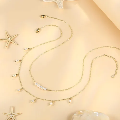 Vista 6 de Ieftop Collares de perlas para mujer, chapado en oro de 14 quilates, hecho a mano, delicado collar de cadena de perlas de agua dulce, collar