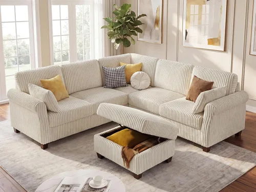 Vista 3 de Sofá modular modular en forma de V de 90.6 pulgadas, sofás esquineros de pana con otomana de almacenamiento, sofá grande tapizado de 6 asientos