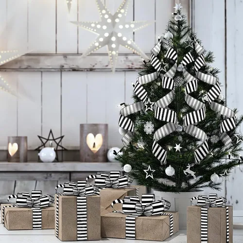 Vista 5 de Syhood - 20 yardas 2 rollos de cinta negra y blanca, cinta decorativa de rayas horizontales de Navidad, cinta espiral con alambre para decoración