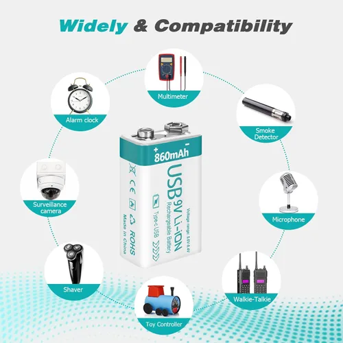 Vista 5 de Batería recargable de litio USB de 9 V de 860 mAh con cable de carga 4 en 1, baterías de 9 voltios 6f22 para detectores de humo (paquete de 8)