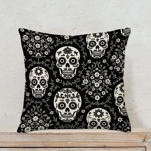 Vista 3 de Fundas de almohada de flores de calavera de Halloween, decoración del Día de los Muertos, funda de almohada de lino y algodón de 18 x 18 pulgadas