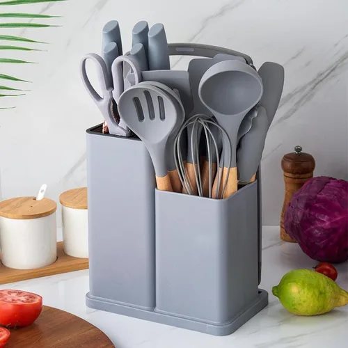 Vista 2 de Cuchillo de cocina de silicona con mango de madera, cuchillo de cocina de 19 piezas, cuchillo de cocina de siete colores, antiadherente, cuchara