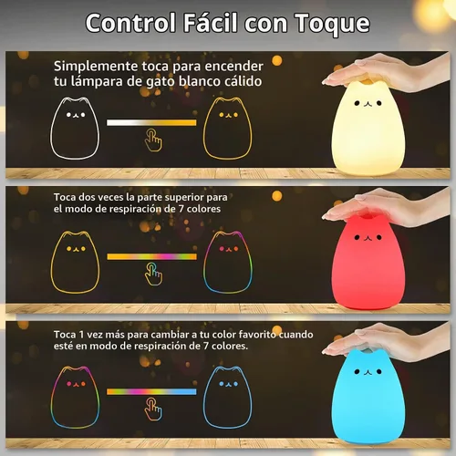 Vista 7 de Lámpara LED de mesilla de noche con forma de gato, multicolor silicona suave para habitación del bebé, control, blanco cálido y 7 modos de luz