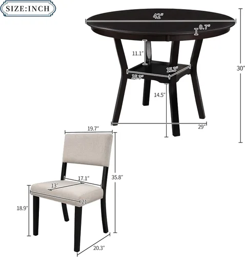 Vista 3 de FRANSOUL Juego de 5 mesas redondas de madera con estante inferior, 4 sillas tapizadas para comedor, cocina, comedor, desayuno familiar, color marrón