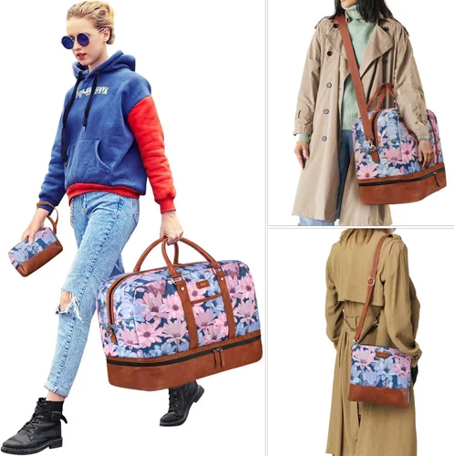 Vista 29 de IBFUN Bolsas de fin de semana para mujer, bolsa grande de lona para viaje, bolsa de viaje con compartimento para zapatos, 21 pulgadas, juego de 3