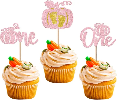 Vista 19 de Paquete de 24 adornos para cupcakes de calabaza con purpurina para cupcakes de calabaza para Acción de Gracias, baby shower, decoración de cupcakes