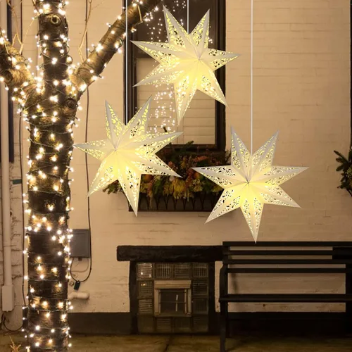 Vista 6 de 3 Piezas Faroles de Papel de Navidad de 20 Pulgadas con Forma de Estrella Decorativos de 7 Puntas de Papel Blanco con 6 Piezas de Luces LED
