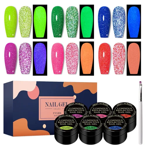Vista 16 de MEET ACROSS Juego de esmaltes de uñas de gel luminosos de caramelo de 6 colores, esmalte de uñas de gel que brilla en la oscuridad con cepillo