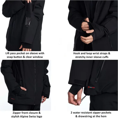 Vista 3 de Alpine Swiss Chaqueta de esquí impermeable con capucha para hombre, abrigo de snowboard cálido para invierno