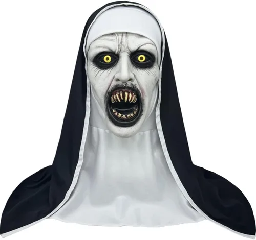 Vista 7 de Máscara de látex aterradora de monja de terror para fiesta de Halloween, disfraz de cabeza completa, máscara espeluznante con collar de cruz