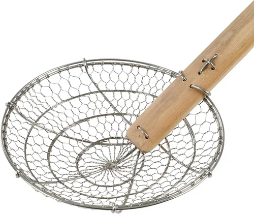 Vista 4 de Joyce Chen Kitchen Spider Strainer - Cesta de alambre de acero inoxidable de 7 pulgadas con mango de bambú resistente al calor