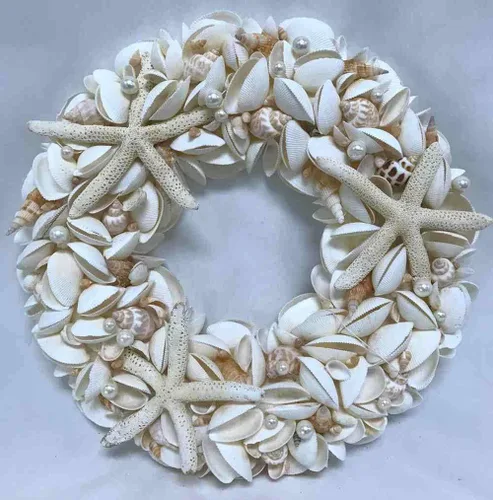 Vista 3 de Natural Seashell Wreath w/Shells, Starfish, Pearls, Sea Snails - Spring & Summer Coastal Decor Beach House Indoor Door Wreath, 18in White/Natural