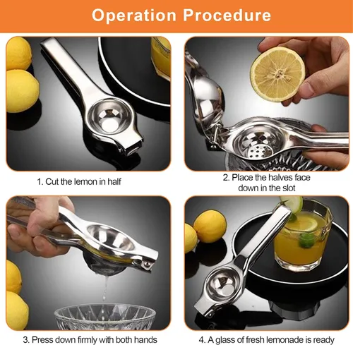 Vista 4 de Exprimidor manual de limón de acero inoxidable, prensa de cítricos de mano, exprimidor de frutas resistente para uso en naranja lima y cocina