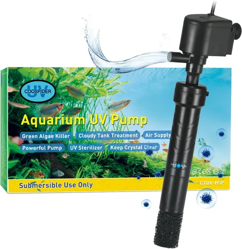 Vista 7 de COOSPIDER Acuario U-V Filtro Verde Limpio Máquina para Tanque de Peces de 40-100 Galones Cristal Transparente 300GPH Bomba de Agua Sumergible