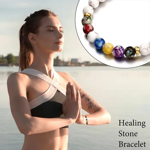 Vista 8 de Pulsera de 7 chakras, pulsera de 7 chakras, amor supremo, religión curativa piedras reales pulseras de yoga y reiki, Gema Piedra, Ágata