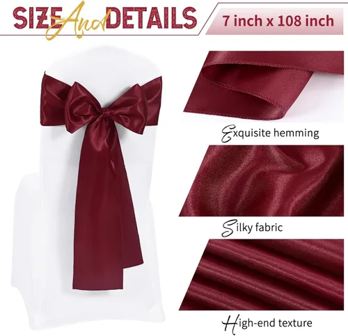 Vista 3 de 60 bandas de satén color burdeos para silla, diseño de lazos, para decoración de sillas de Acción de Gracias, boda, Navidad, banquetes, fiestas