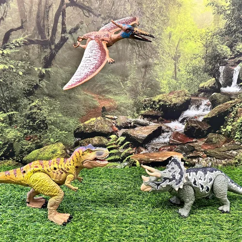 Vista 13 de EKU Juguetes de Dinosaurio Pterodáctilo con Aleteo de Alas Juguete Eudimorphodon, Cabeza se Mueve Ataca Brachiosaurus Styracosaurus Figuras