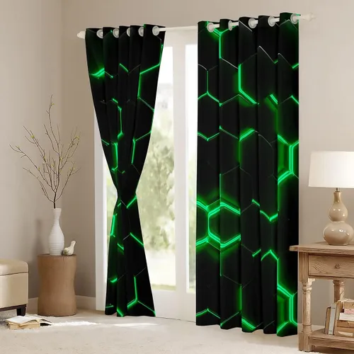 Vista 4 de Feelyou - Cortinas de ventana en forma de panal, tema geométrico hexagonal con luces de neón verdes, para chicos adolescentes y hombres, elegante