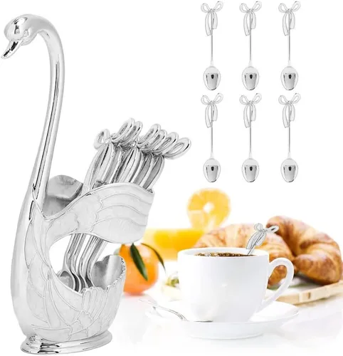 Vista 9 de Watris Veiyi - Juego de cucharas de café, juego de cucharas de postre, 6 cucharas de té con soporte de base de cisne, organizador de cucharas