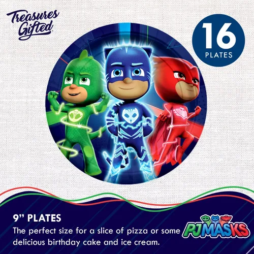 Vista 2 de Treasures Gifted Suministros para fiesta de cumpleaños con licencia oficial de PJ Masks - Sirve a 16 invitados - Juego clásico de vajilla PJ Masks