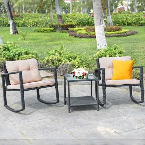 Vista 2 de DORTALA Juego de muebles de patio de 3 piezas, mecedora de ratán y mesa de centro de cristal con cojines, juego de 3 muebles de mimbre