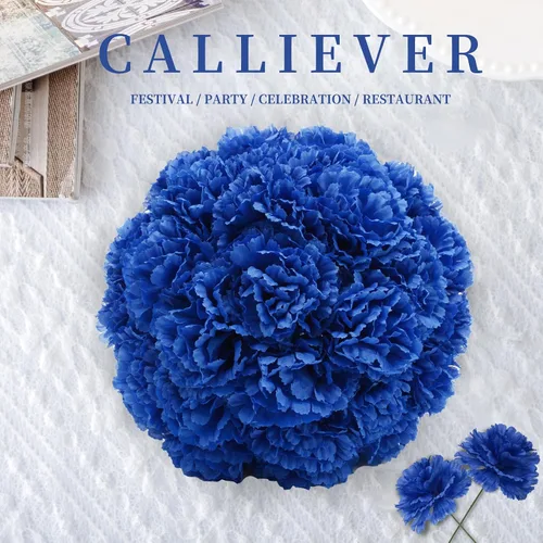 Vista 4 de Flor de clavel artificial, 50 cabezas de flores sintéticas de seda azul con Azul Oscuro