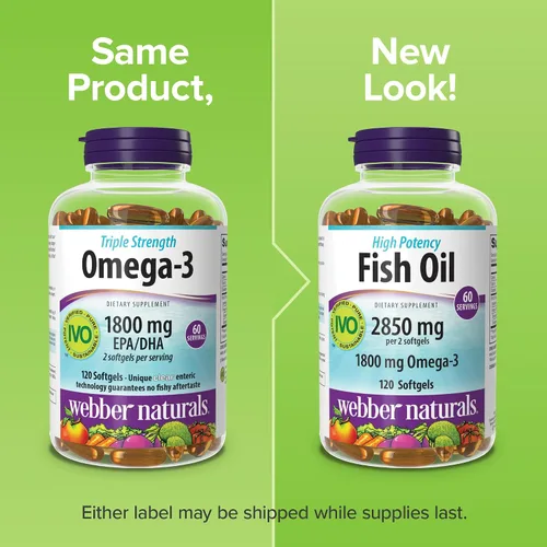 Vista 6 de Webber Naturals Aceite de pescado de 2850 mg, alta potencia, 1,800 mg de omega-3 por porción, 120 cápsulas blandas entéricas transparentes, sin