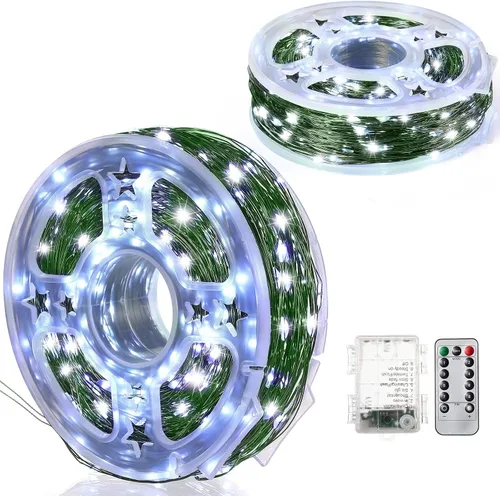 Vista 8 de Remagr 4 paquetes de luces de hadas navideñas de cadena, luces LED de alambre verde impermeables, funciona con pilas, con control remoto, 8 modos